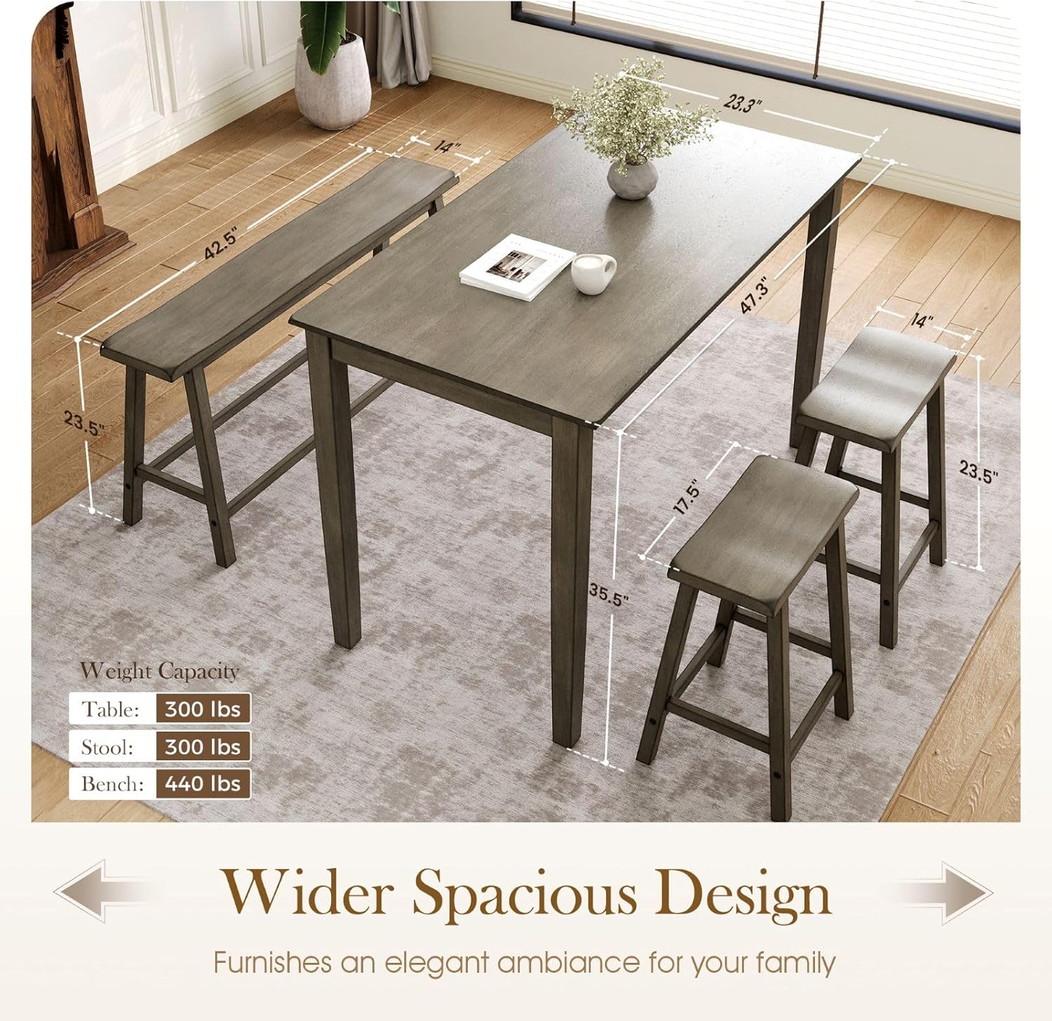 Sophia & William Dining Table Set for 4, Counter Height Table and Chairs, Kitchen Table Set with Bench and 2 Chairs, Small Breakfast Bar Dining Set, Smoky Brown