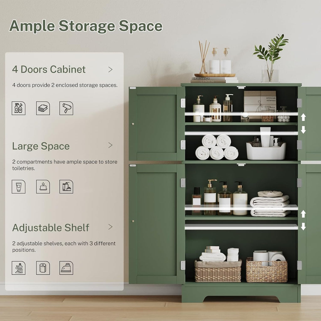 TEENFON Bathroom Storage Cabinet, Bathroom Cabinet with 4 Doors & 2 Adjustable Shelves, Cupboard, Cabinets for Living Room, Entryway, Office, Forest Green