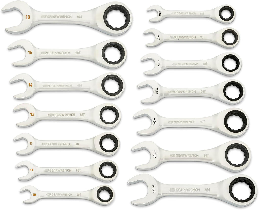 GEARWRENCH 14 Piece 90-Tooth 12 Point Stubby Combination Ratcheting Wrench Set, SAE & Metric | 3/8" to 3/4" & 10mm to 18mm| 86859