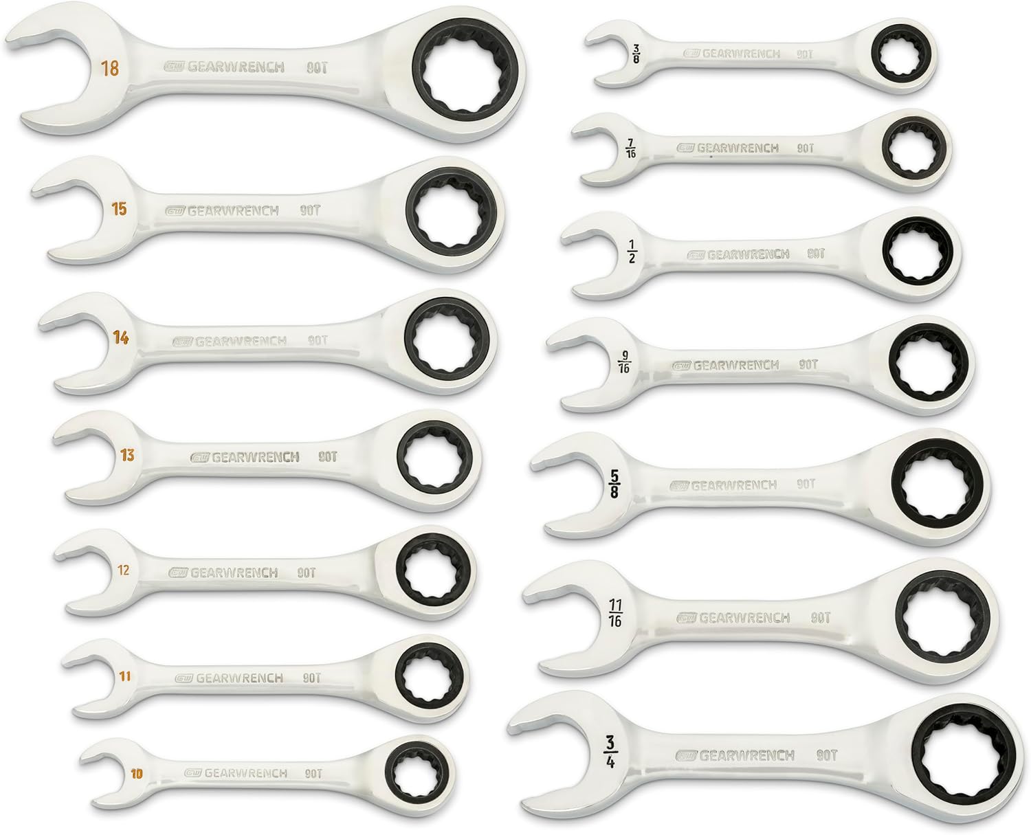 GEARWRENCH 14 Piece 90-Tooth 12 Point Stubby Combination Ratcheting Wrench Set, SAE & Metric | 3/8" to 3/4" & 10mm to 18mm| 86859