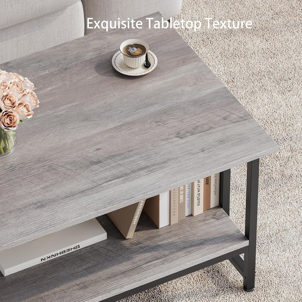 Coffee Table, 39 Inch 2-Tier Farmhouse Rustic Coffee Table with Storage, Modern Rectangle Wooden Center Table, for Living Room, Small Space, Easy Assembly, Wash Gray