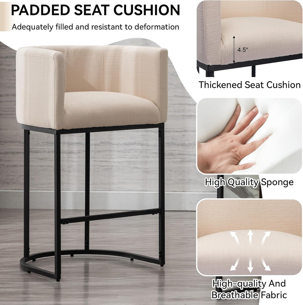 Contemporary Cream Linen Bar Stools Set of 3, 29" Upholstered Fabric Counter Height Barstools Kitchen Counter Island Stools with Black Metal Base