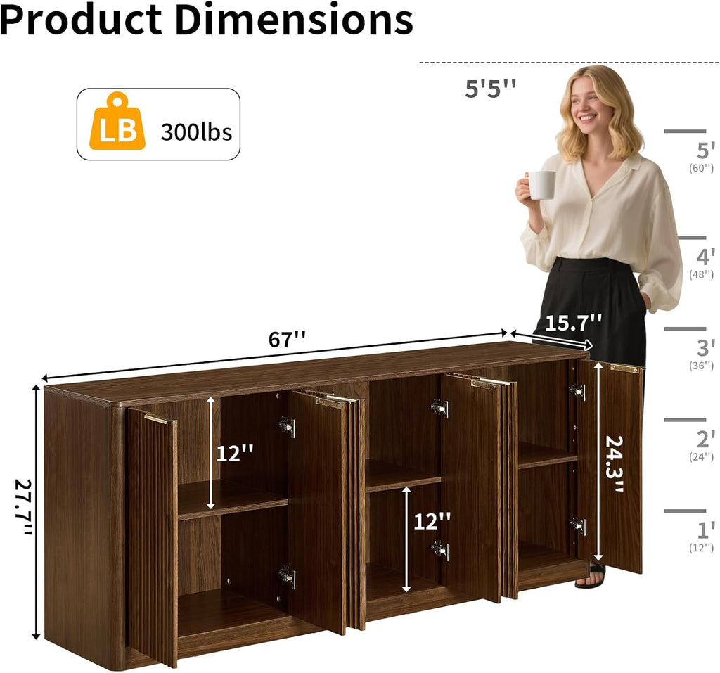 67" Fluted Buffet Cabinet Sideboard with Storage, Large Credenza with 6 Doors Accent Storage Cabinets Mid Century Modern Sideboard for Living Room Kitchen (Walnut)
