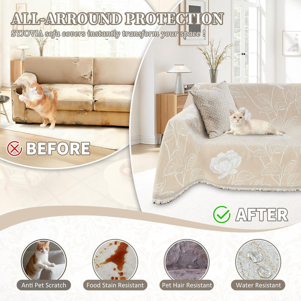 1OO% Waterproof Sectional Couch Covers for Dogs L Shaped Corner Sofa Cover Washable Chenille Sofa Slipcovers Blanket Modern Jacquard Pet Furniture Protector (91"x252", Beige Flower)