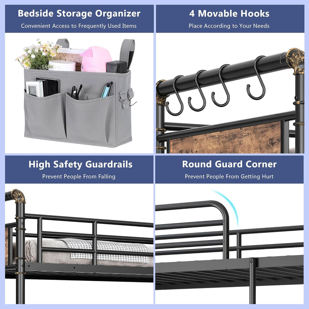 Metal LED Bunk Bed Twin Over Twin with 2 Storage Drawers, USB Charging Station, Industrial Bunkbeds Heavy Duty Bed with Safety Guardrail and Ladder, No Box Spring Needed, Vintage Brown