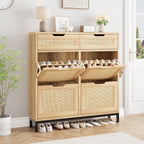 Rattan Shoe Cabinet with Flip Drawers, Narrow Freestanding Shoe Storage Cabinet with Metal Legs for Entryway/Hallway/Foyer (Natural)