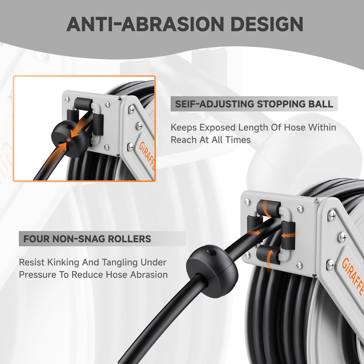Giraffe Tools Pressure Washer Hose Reel 65ft, 3200 PSI Power Washer Hose Reel, Pressure Washer Retractable Hose Reel, Heavy Duty, Wall/Floor Mounted, Silver