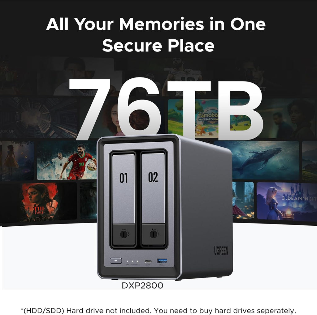 UGREEN NAS DXP2800 2-Bay Desktop All-Round NASync Ideal for Small Team  Enthusiasts  Intel N100 Quad-core CPU  8GB DDR5 RAM  2.5GbE  2X M.2 NVMe Slots  4K HDMI  Network Attached Storage (Diskless)