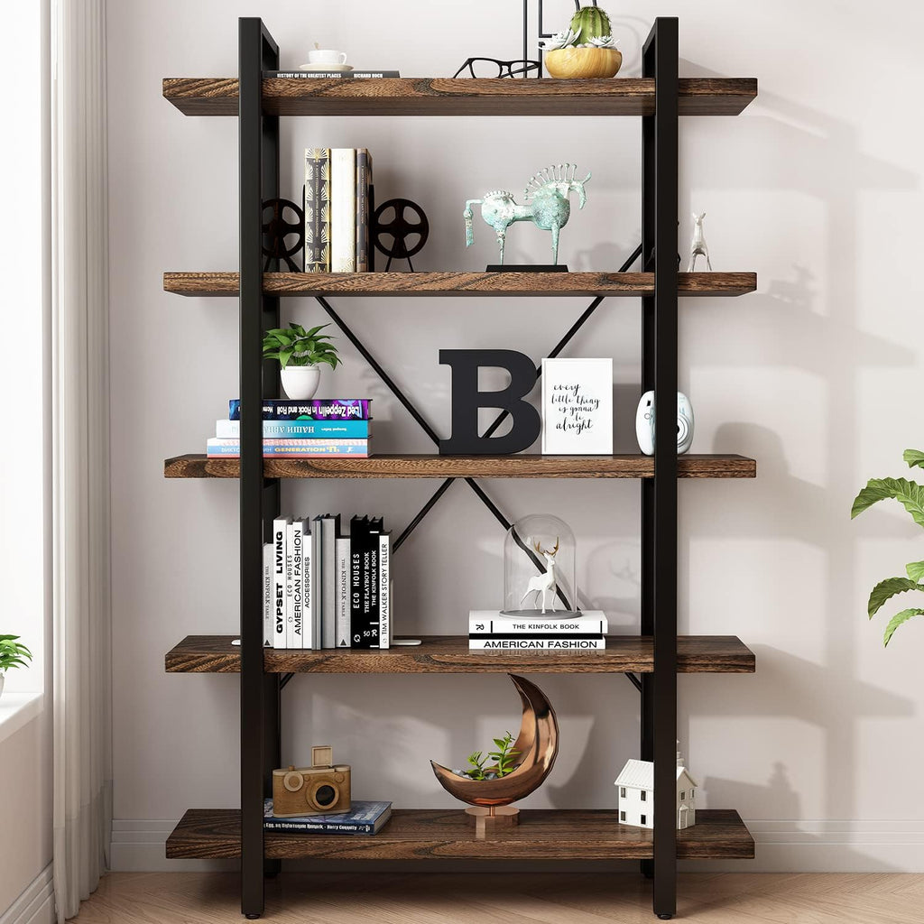 5-Tier Industrial Style Solid Wood Bookcase and Book Shelves,Rustic Wood and Metal Shelving Unit . Living Room,Modern Rustic Open Industrial Book Shelf Office,Distressed Brown (AY-02-5Tier)