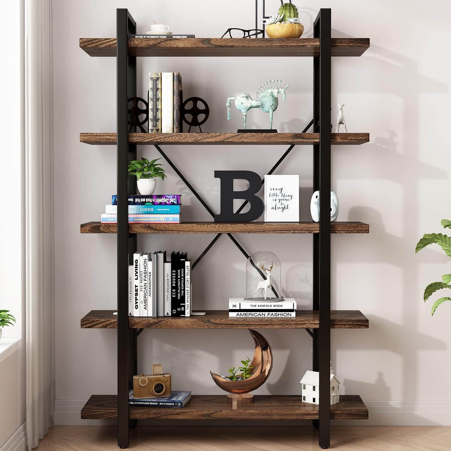 5-Tier Industrial Style Solid Wood Bookcase and Book Shelves,Rustic Wood and Metal Shelving Unit . Living Room,Modern Rustic Open Industrial Book Shelf Office,Distressed Brown (AY-02-5Tier)