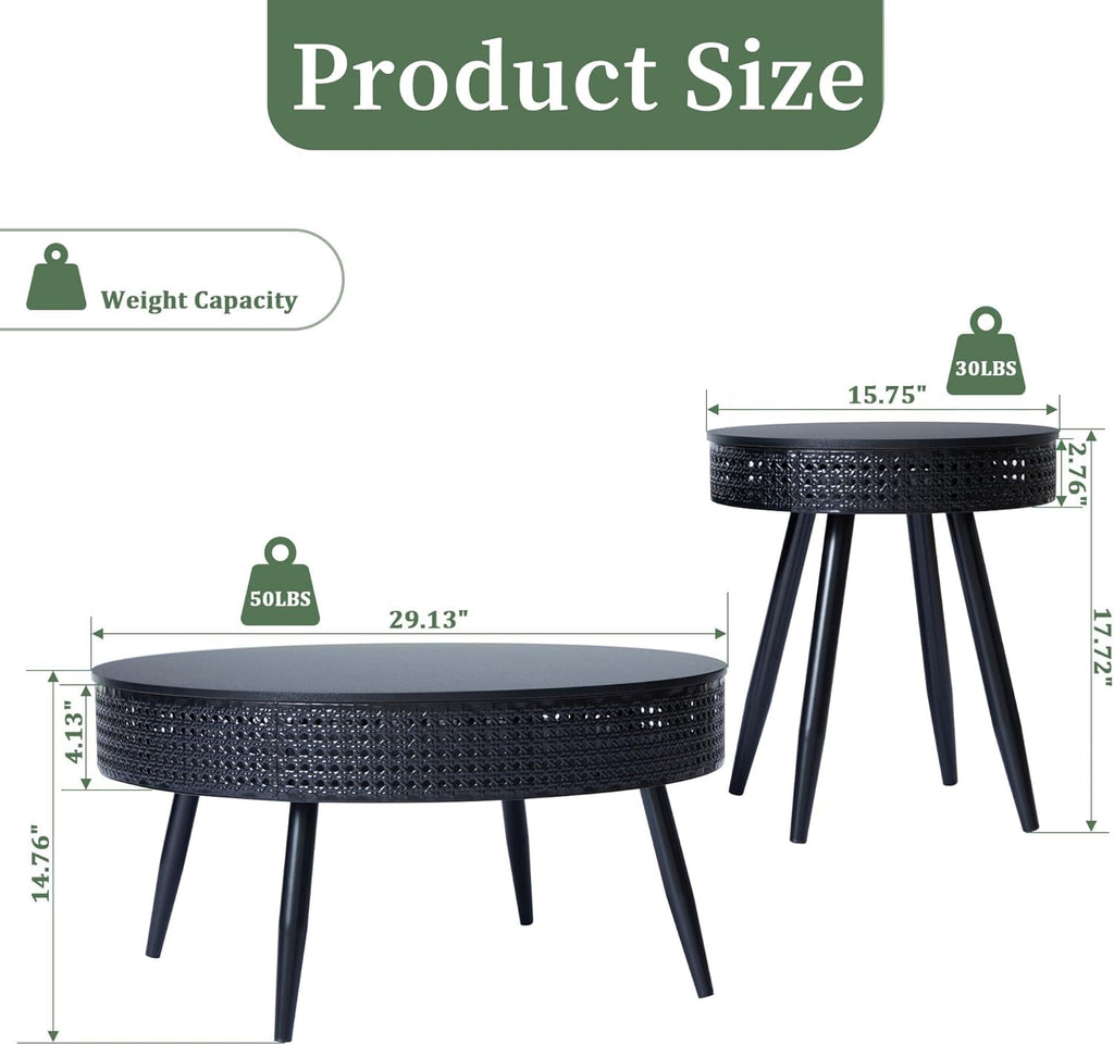 FurSch Modern Farmhouse Round Coffee Table Set of 2, Iron Rattan Nesting Side Table with Hidden Storage Basket for Living Room, Balcony, Patio, Poolside (Black)