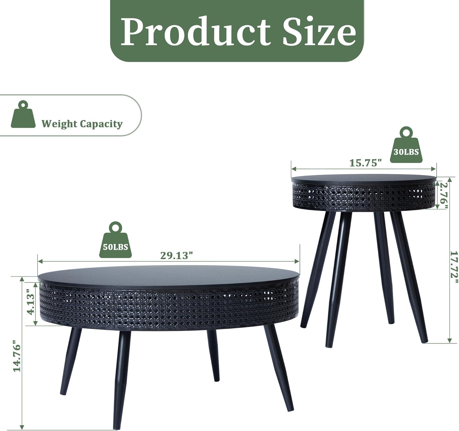 FurSch Modern Farmhouse Round Coffee Table Set of 2, Iron Rattan Nesting Side Table with Hidden Storage Basket for Living Room, Balcony, Patio, Poolside (Black)