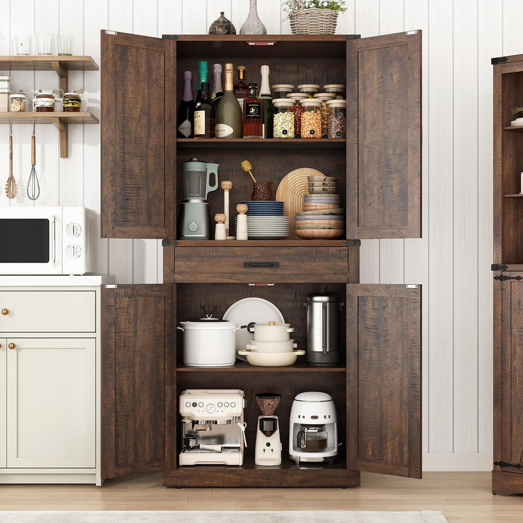 72" Tall Farmhouse Kitchen Pantry Cabinet with Drawer, Rustic Wood Cupboard Storage Cabinet w/Organizer and 4 Barn Doors, Storage Cabinet for Kitchen, Dining Room, Living Room, Brown