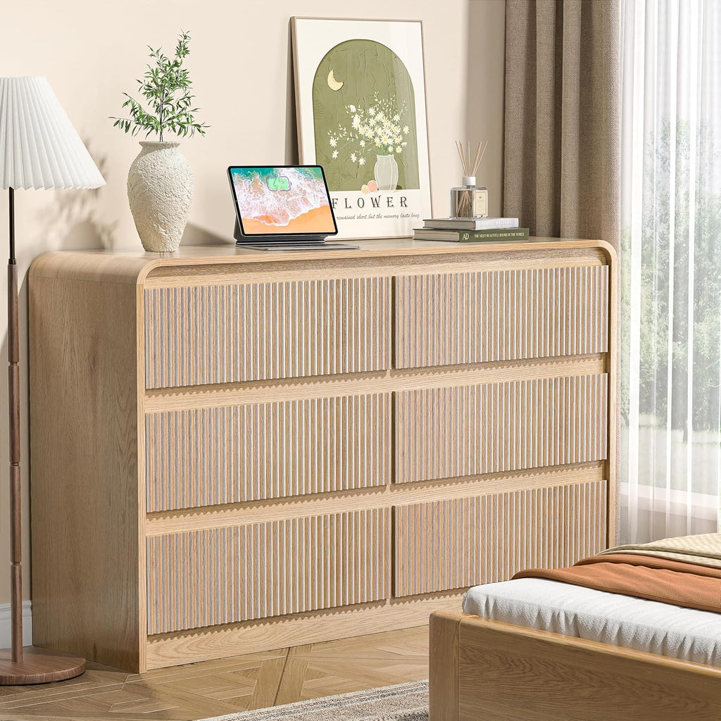 6 Drawer Dresser for Bedroom, Natural Wood Chest of Drawers Wide Versatile Storage Organizer with Fluted Panel for Living Room, Office, hallways, Kitchen Natural 6 Drawer