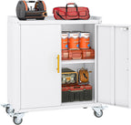 Metal Garage Storage Cabinet with Wheels, Tall Locking Cabinet with Doors and Shelves, Tool Storage Cabinets for Garage, Home Office (White,35.6" H)