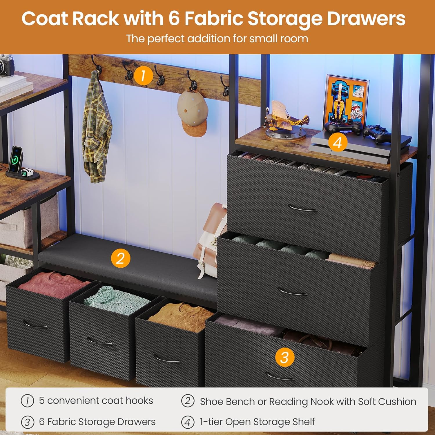 DICTAC Loft Bed Twin Size with 6 Storage Drawers,Coat Rack and Open Shelves Metal Twin Loft Bed with Desk,Charging Station and LED Light,loft beds with Large Pegboard,Stairs and Safety Guardrail,Black