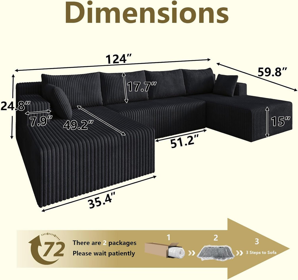 124" Modular Sectional Sofa, Modern Corduroy Cloud Couch with Deep Seat, Boneless Couch Upholstered 4-Seater U-Shaped Sofa for Living Room, No Assembly Required (Black)