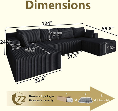124" Modular Sectional Sofa, Modern Corduroy Cloud Couch with Deep Seat, Boneless Couch Upholstered 4-Seater U-Shaped Sofa for Living Room, No Assembly Required (Black)