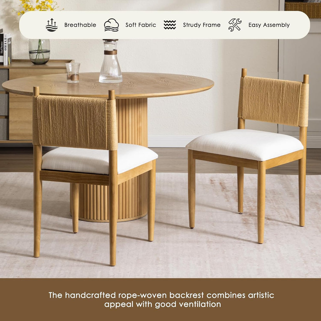CIMOTA Modern Dining Chairs Set of 6, Mid Century Upholstered Dining Room Chairs with Woven Back, Armless Kitchen Chairs with Natural Solid Wood Legs, Linen Beige