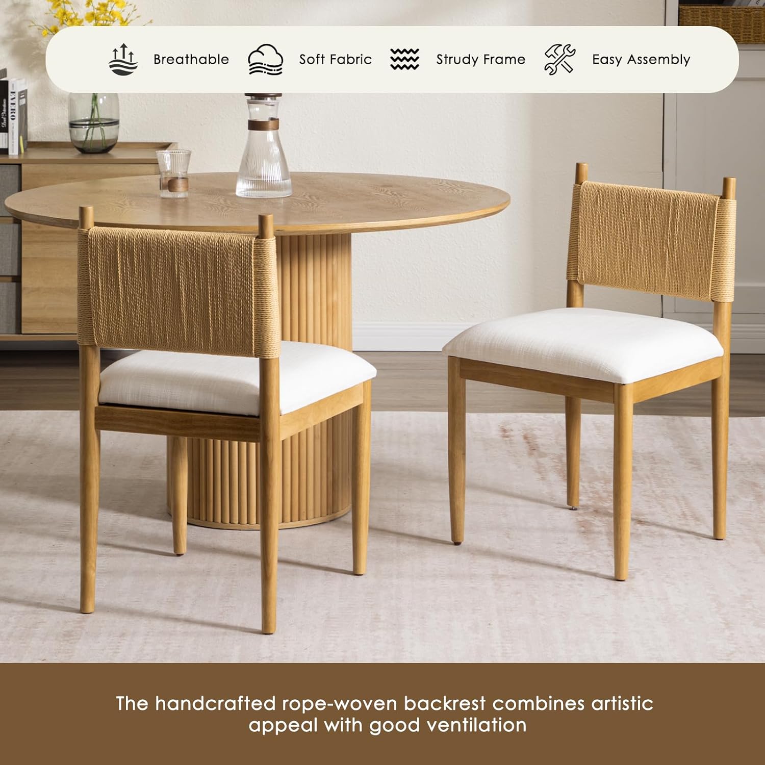 CIMOTA Modern Dining Chairs Set of 6, Mid Century Upholstered Dining Room Chairs with Woven Back, Armless Kitchen Chairs with Natural Solid Wood Legs, Linen Beige
