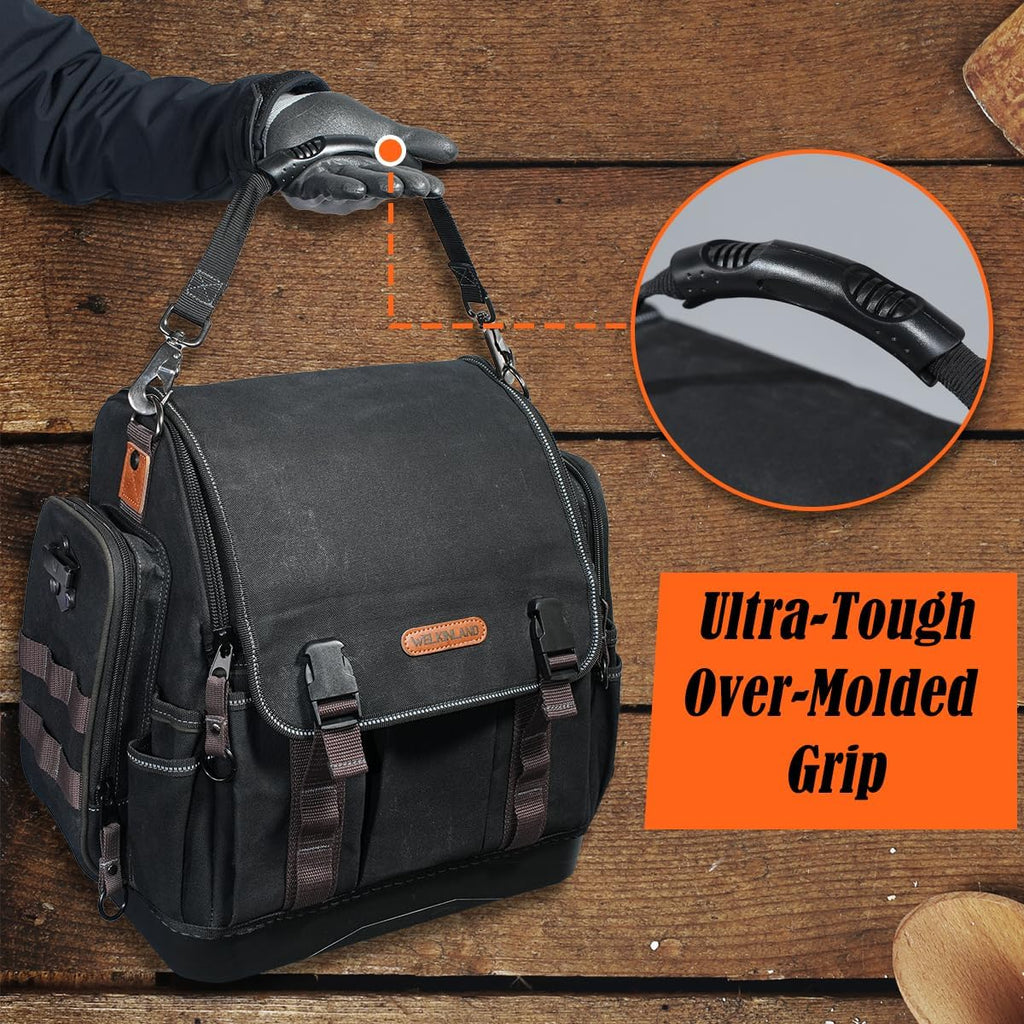 WELKINLAND 41-Pocket Electrician Tool Bag, 14-Inch HVAC Tools Bag, Heavy-Duty Waxed Canvas Tools Bags, Hard Bottom Tool Bags, Stay-up top-open Tool Bag, Quick-Access Tool Bags For Men