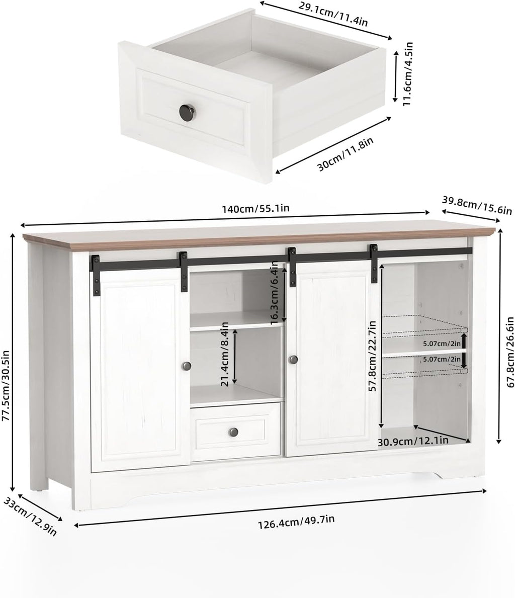 Farmhouse TV Stand for 60 Inch TV, 30" Tall Entertainment Center with 2 Drawers & Sliding Barn Door, Rustic Media Console with Storage Shelves, 55" Wood Television Stand for Living Room, White