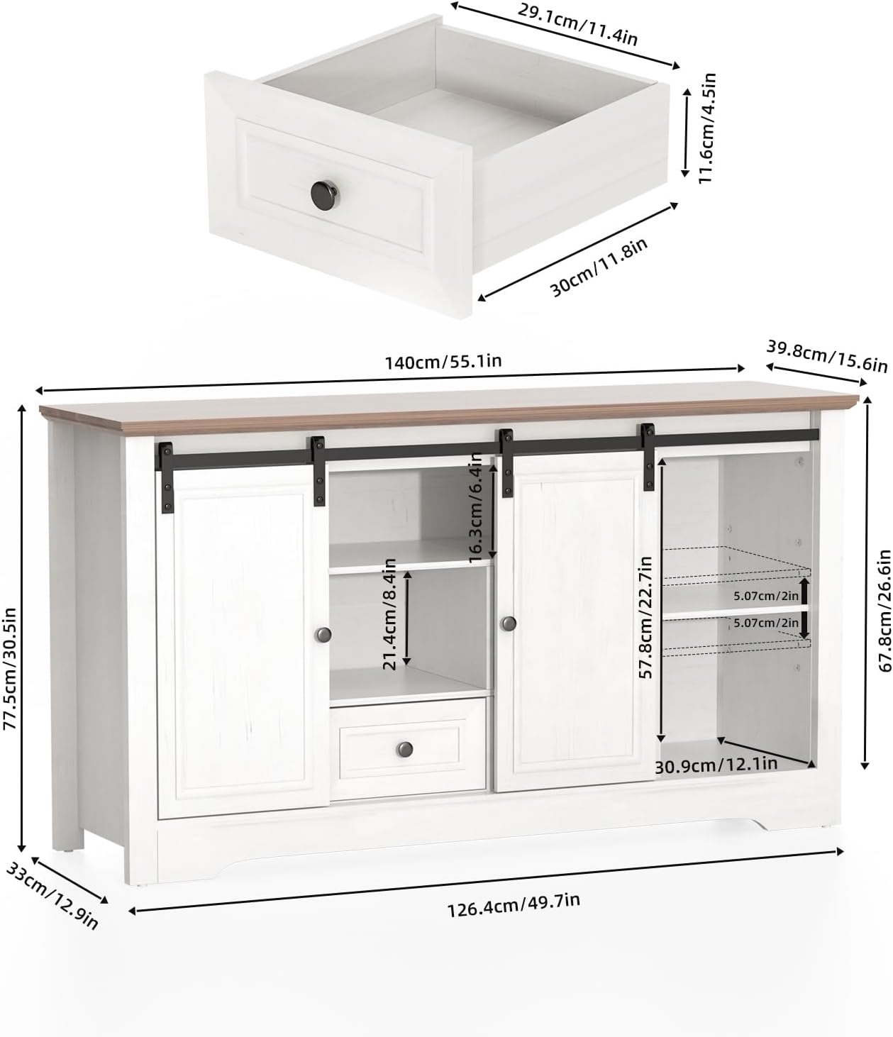 Farmhouse TV Stand for 60 Inch TV, 30" Tall Entertainment Center with 2 Drawers & Sliding Barn Door, Rustic Media Console with Storage Shelves, 55" Wood Television Stand for Living Room, White
