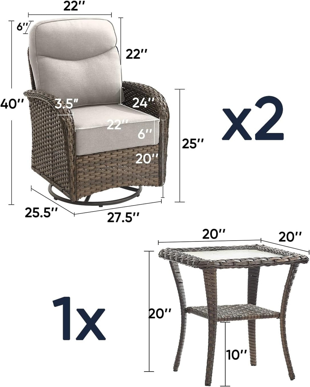 Luxury Outdoor Swivel Rocker Patio Chairs of 2 with Side End Table - 3 Piece Set with 6-Inch Smile Cushions High Back Brown Wicker Rattan Gliders Furniture for Porch Balcony Deck - Beige