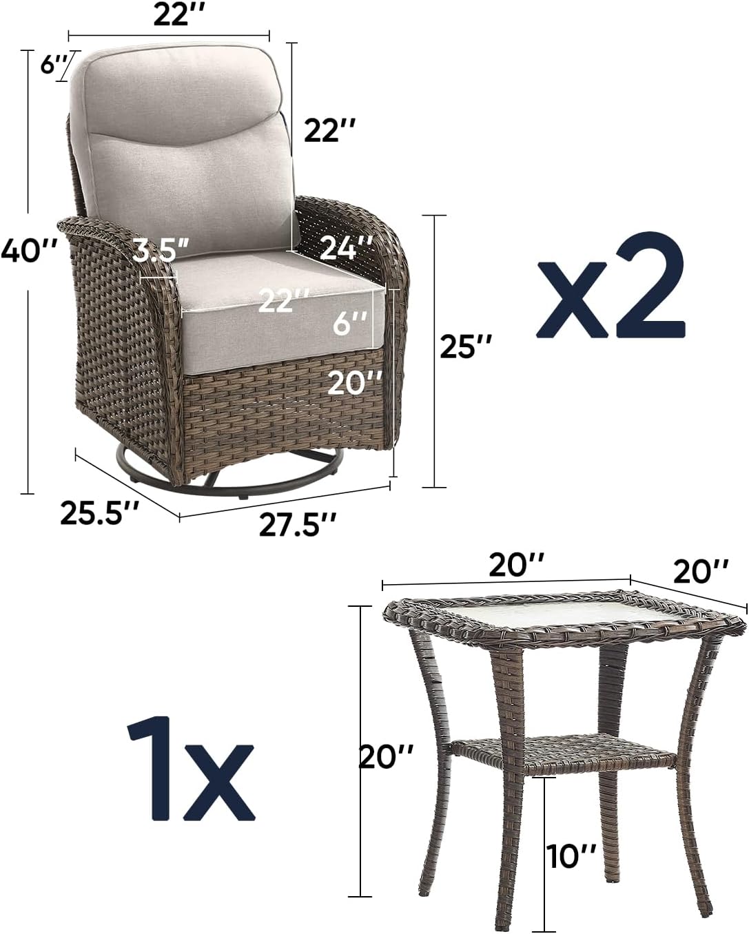 Luxury Outdoor Swivel Rocker Patio Chairs of 2 with Side End Table - 3 Piece Set with 6-Inch Smile Cushions High Back Brown Wicker Rattan Gliders Furniture for Porch Balcony Deck - Beige