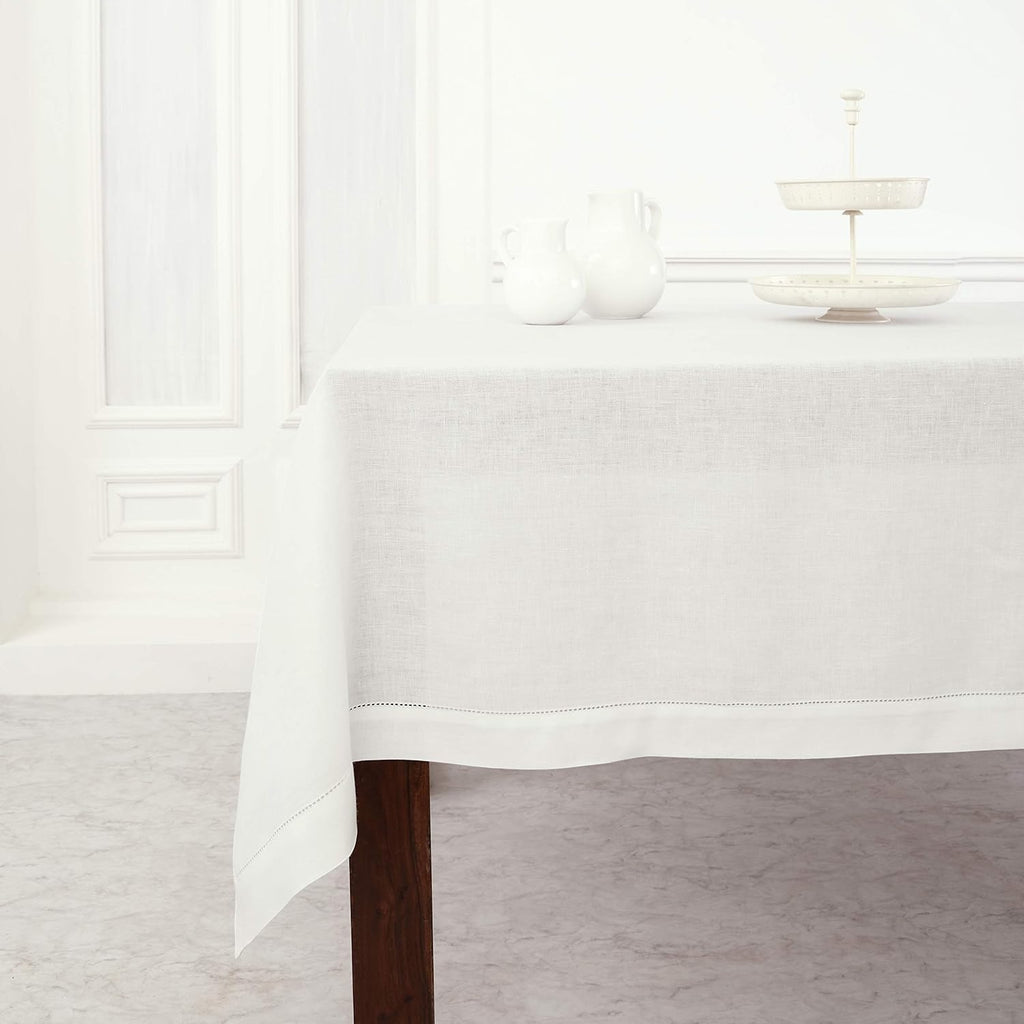 Solino Home Linen Tablecloth for Rectangle Tables 60 x 90 Inch - Classic Hemstitch 100% Pure Linen White Table Cloth - Machine Washable Cloth Tablecloth for Mothers Day, Spring, Summer, Memorial Day
