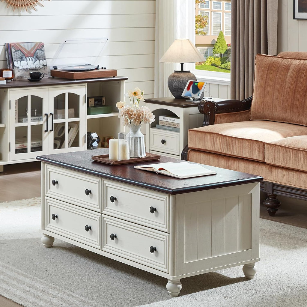 Farmhouse Coffee Table and Night Stand Set of 3,Wood 48" Center Table and 18'' Wide Nightstand with Charging Station,Coffee and End Tables 3-Piece Set for Home Living Room Hallway,White