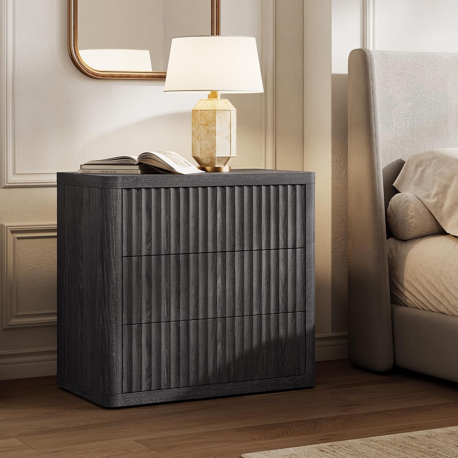 SICOTAS Night Stand Set 2 - Oversized Extra Large Bedside Table Modern Side Table with Storage Fluted 3 Drawer Nightstand 27.5" W End Tables Dorm Room Nightstands for Bedroom Sofa Couch Home Office
