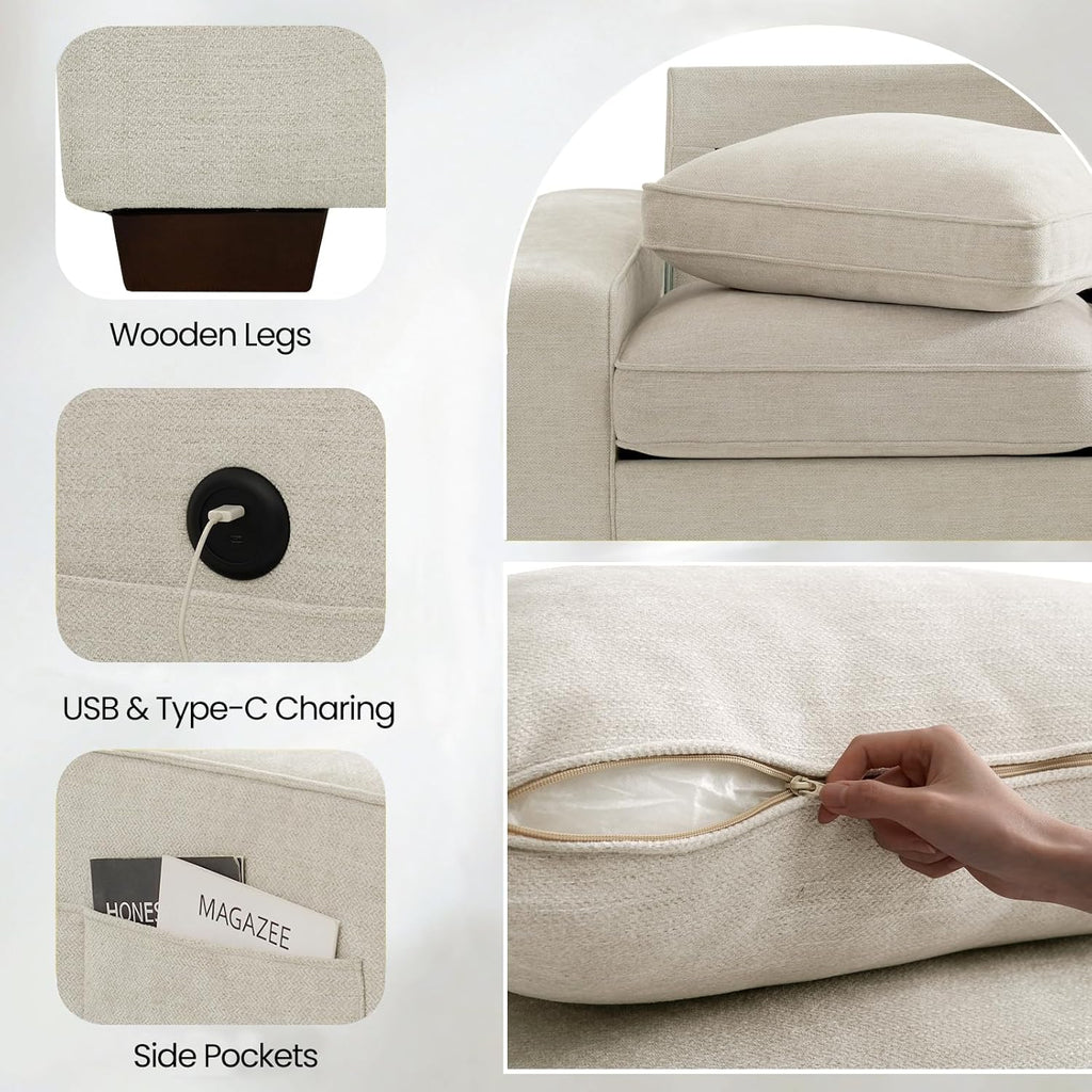 TEKAMON 100" Modular Sectional Sofa with Seats Storage, L Shaped Couch with Movable Ottoman for Living Room, Couch with Chaise, Solid Wood Frame, Spring Cushions, USB Port, Removable Covers, Beige | Seats Storage, Movable Ottoman, Flexible ModularSof