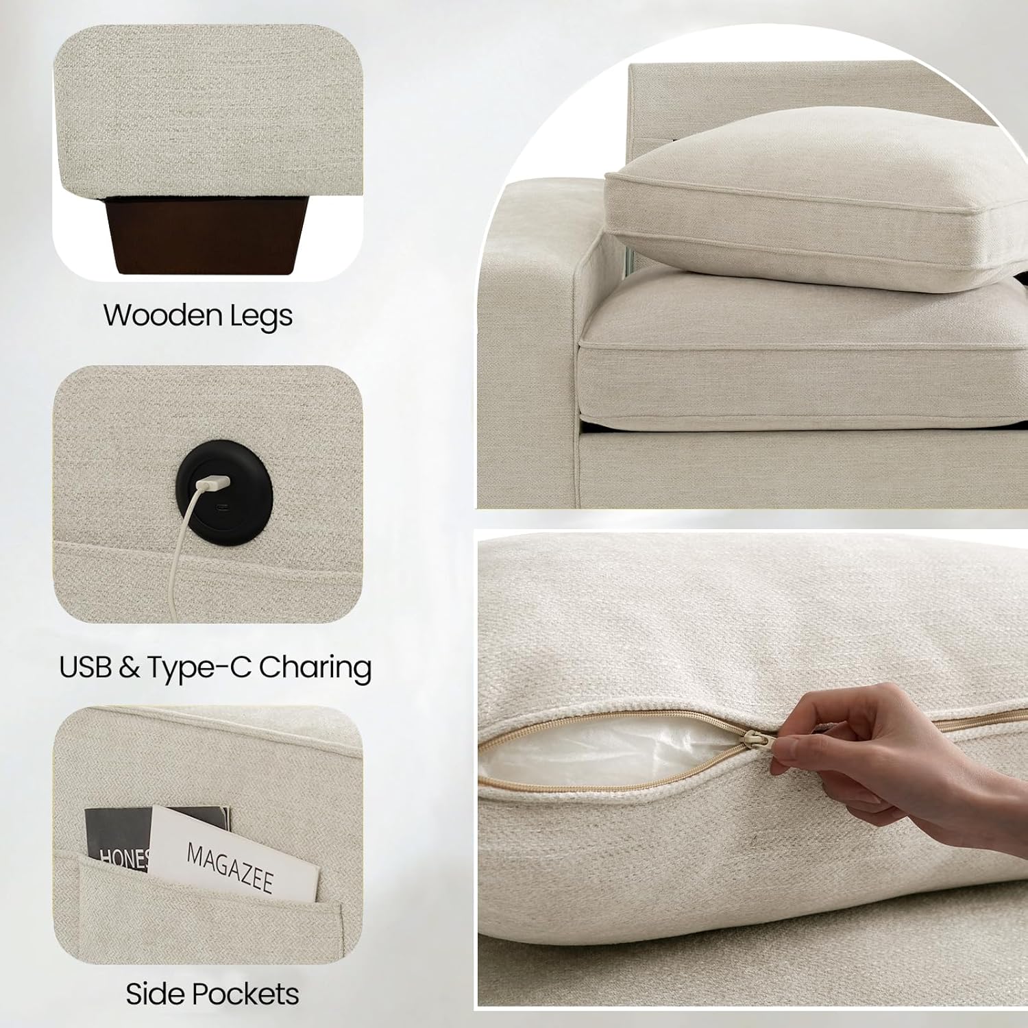 TEKAMON 100" Modular Sectional Sofa with Seats Storage, L Shaped Couch with Movable Ottoman for Living Room, Couch with Chaise, Solid Wood Frame, Spring Cushions, USB Port, Removable Covers, Beige | Seats Storage, Movable Ottoman, Flexible ModularSof