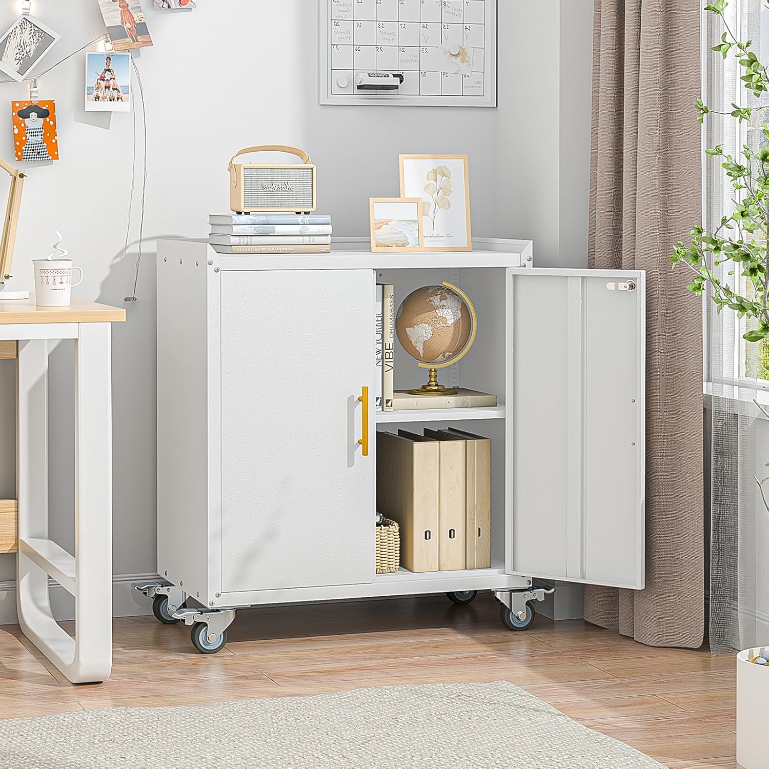 Metal Garage Storage Cabinet with Wheels, Tall Locking Cabinet with Doors and Shelves, Tool Storage Cabinets for Garage, Home Office (White,35.6" H)