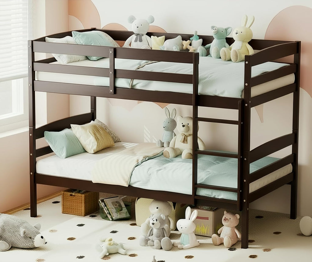 KOMFOTT Bunk Bed Twin Over Twin, Bunk Bed Frame w/Full-Length Guardrail & Integrated Ladder, Wood Bunk Bed for Small Space, Converts to 2 Individual Beds for Kids & Adults, No Box Spring Needed