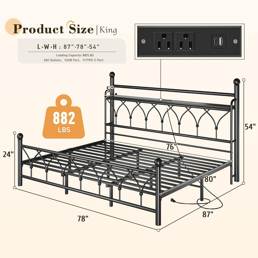 EnHomee 54" King Bed Frame with Tall Storage Headboard, Metal King Size Bed Frame with LED Lights and Power Outlets, Sturdy & Noise-Free, Metal Slats, No Box Spring Needed, Black