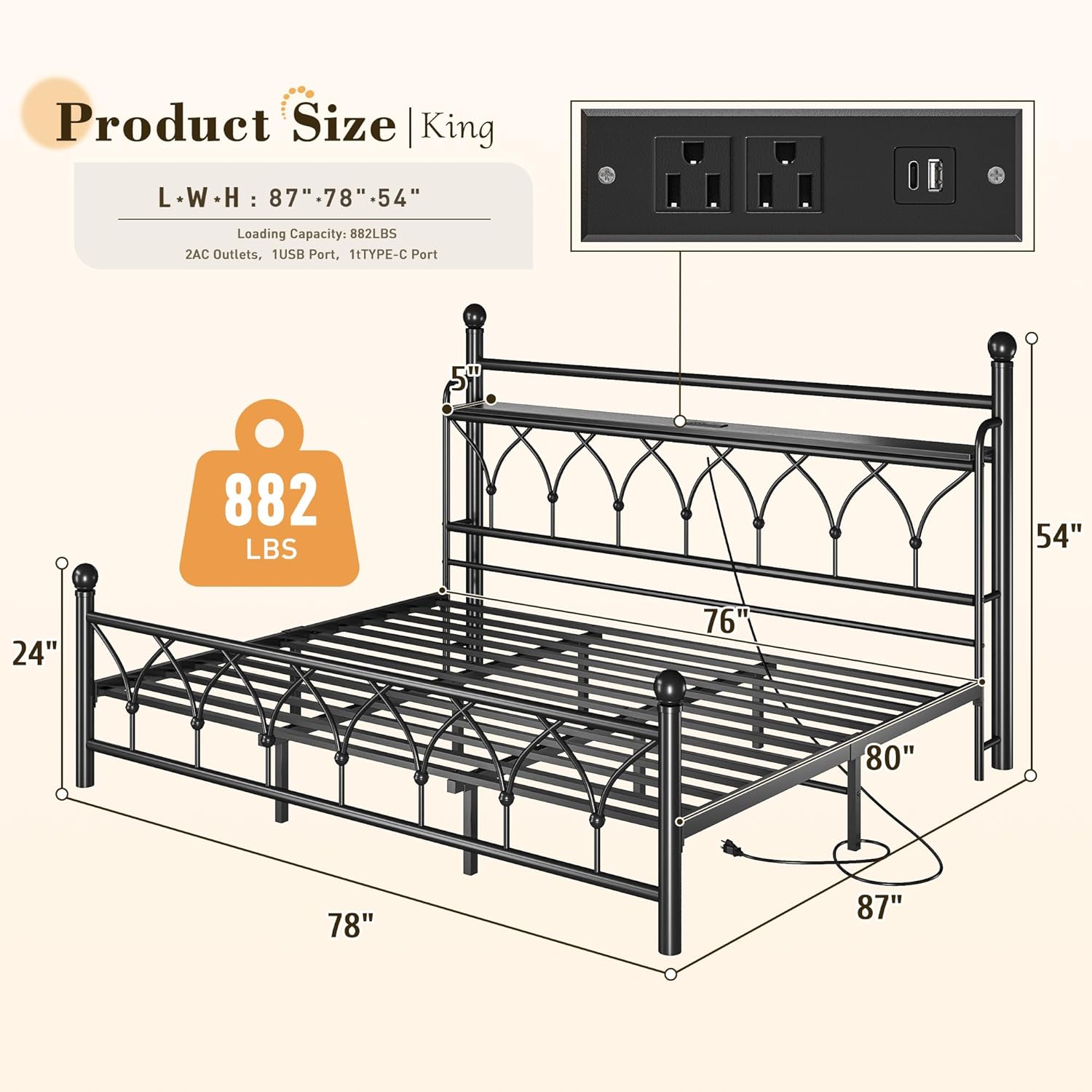 EnHomee 54" King Bed Frame with Tall Storage Headboard, Metal King Size Bed Frame with LED Lights and Power Outlets, Sturdy & Noise-Free, Metal Slats, No Box Spring Needed, Black