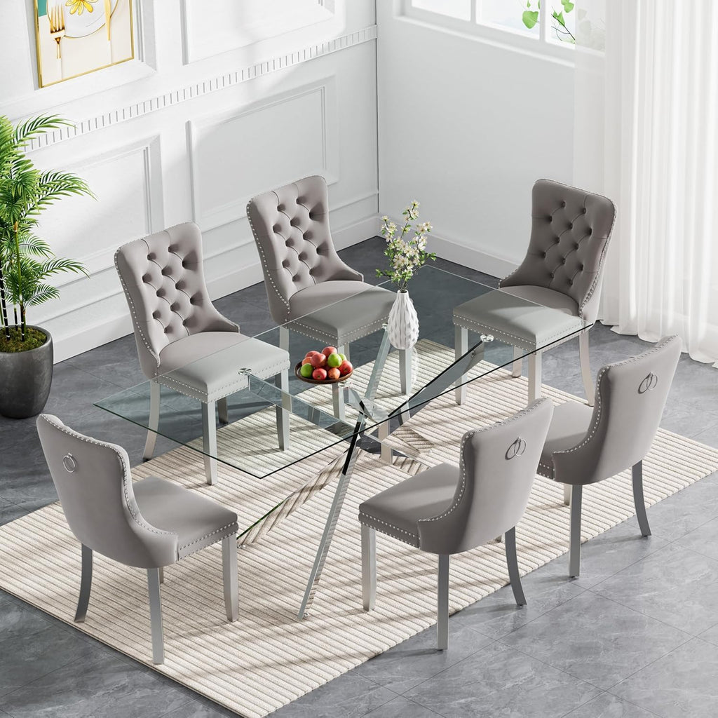 Modern Dining Table for 6 People, 60" Rectangle Dining Room Table with Silver Chrome Metal X-Base, Rectangular Tempered Glass Dining Table, Kitchen Dining Room Tables Luxury Dinner Table