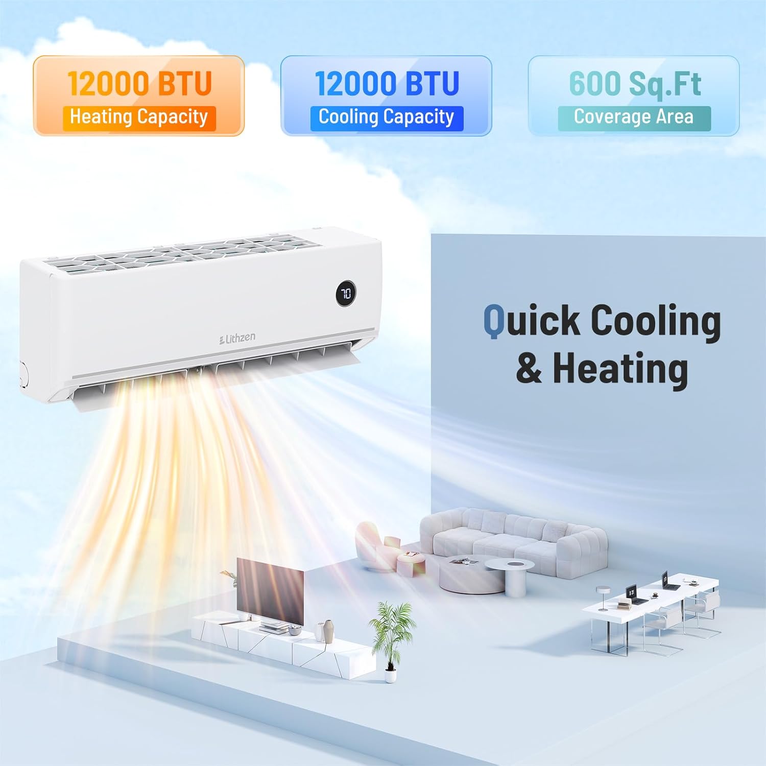 12000 BTU Mini Split Air Conditioner & Heater, 208/230V 18.1 SEER2 Wifi Enabled Energy Efficient Inverter Ductless AC & 1 Ton Heat Pump System, Works with Alexa, Cools Up to 600 Sq. Ft