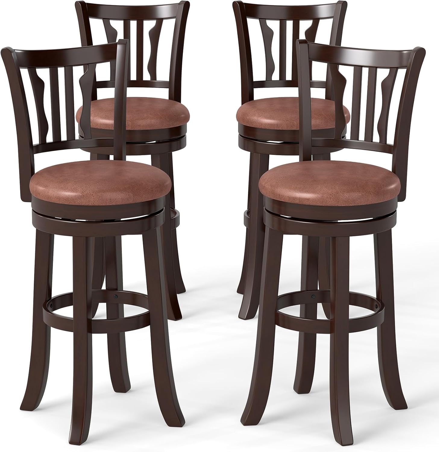 COSTWAY 30" Bar Height Stools Set of 4, Swivel High-Top Chairs with Backrest & Faux Leather Padded Seat, Rubber Wood Counter Barstools with Footrest for Kitchen Islands, Dining Room, Pub (4,30'')
