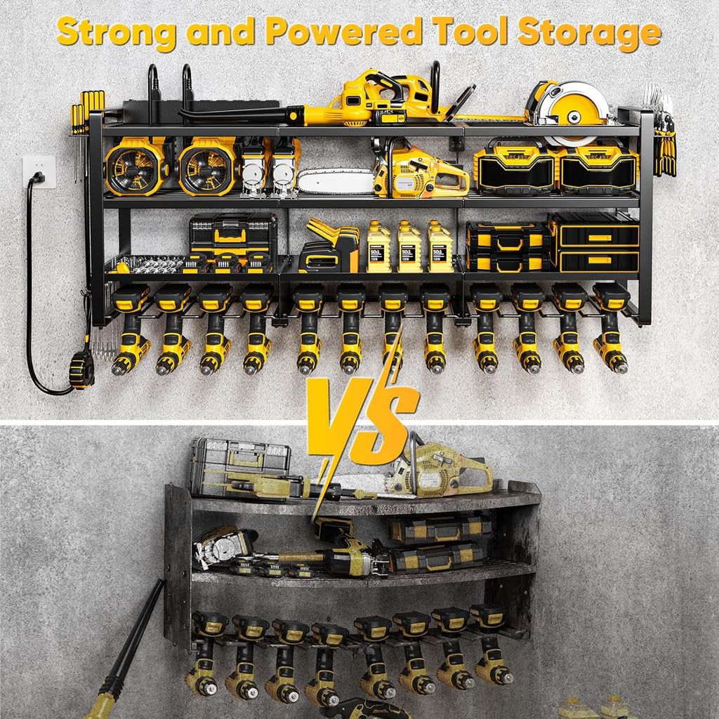 POKIPO 49.5" W Large Power Tool Organizer Wall Mount with Charging Station, 4 Tier Heavy Duty 12 Cordless Drills Holder Load 800 lb, Tool Battery Storage Rack Built in 8 Outlet Power Strip for Garage