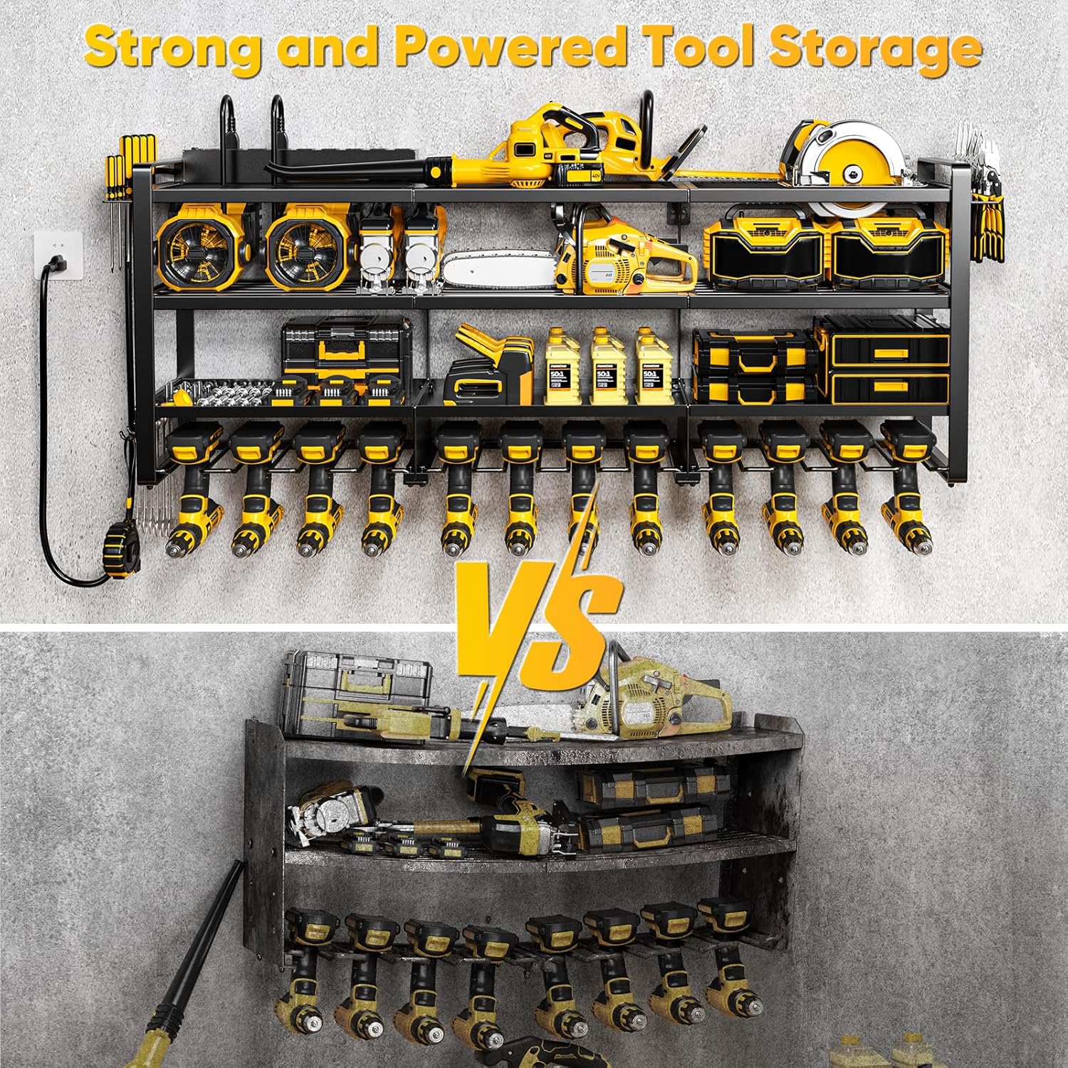 POKIPO 49.5" W Large Power Tool Organizer Wall Mount with Charging Station, 4 Tier Heavy Duty 12 Cordless Drills Holder Load 800 lb, Tool Battery Storage Rack Built in 8 Outlet Power Strip for Garage