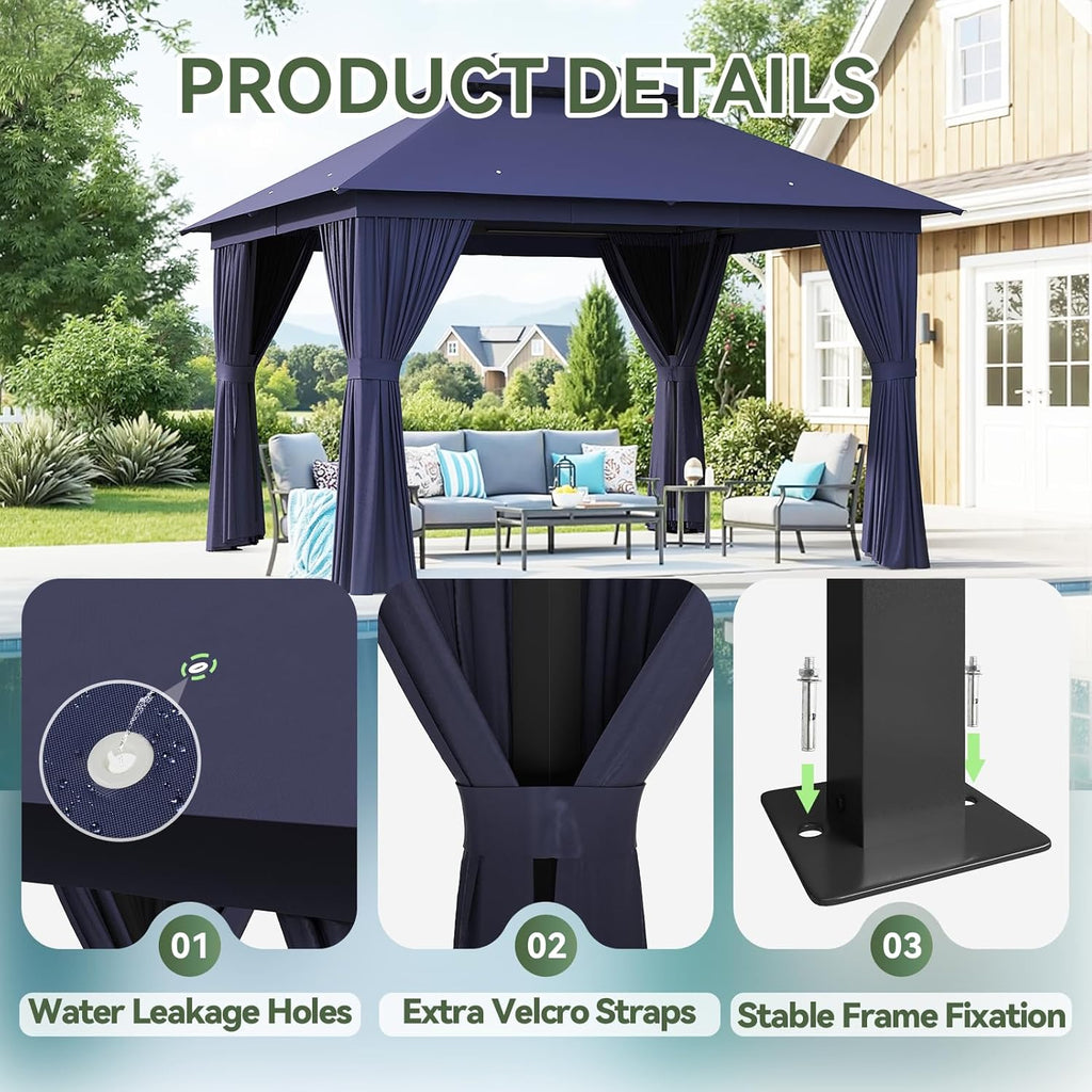AOXUN Outdoor Gazebo for Patio 10x12 Metal Frame Canopy with Double Roofs Heavy Duty Party Tent and Shelter with Mosquito Netting and Privacy Screen for Backyard  Lawn  Garden  Deck (Navy Blue)