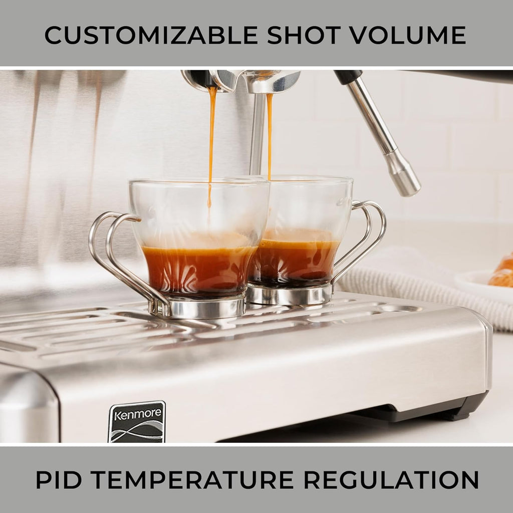 Kenmore Espresso Machine - Automatic Coffee Maker With Auto Tamper, Auto Cleaning, Milk Steamer & Frother, Bean Grinder, Make Professional Barista Style Cappuccino, Latte, Stainless Steel