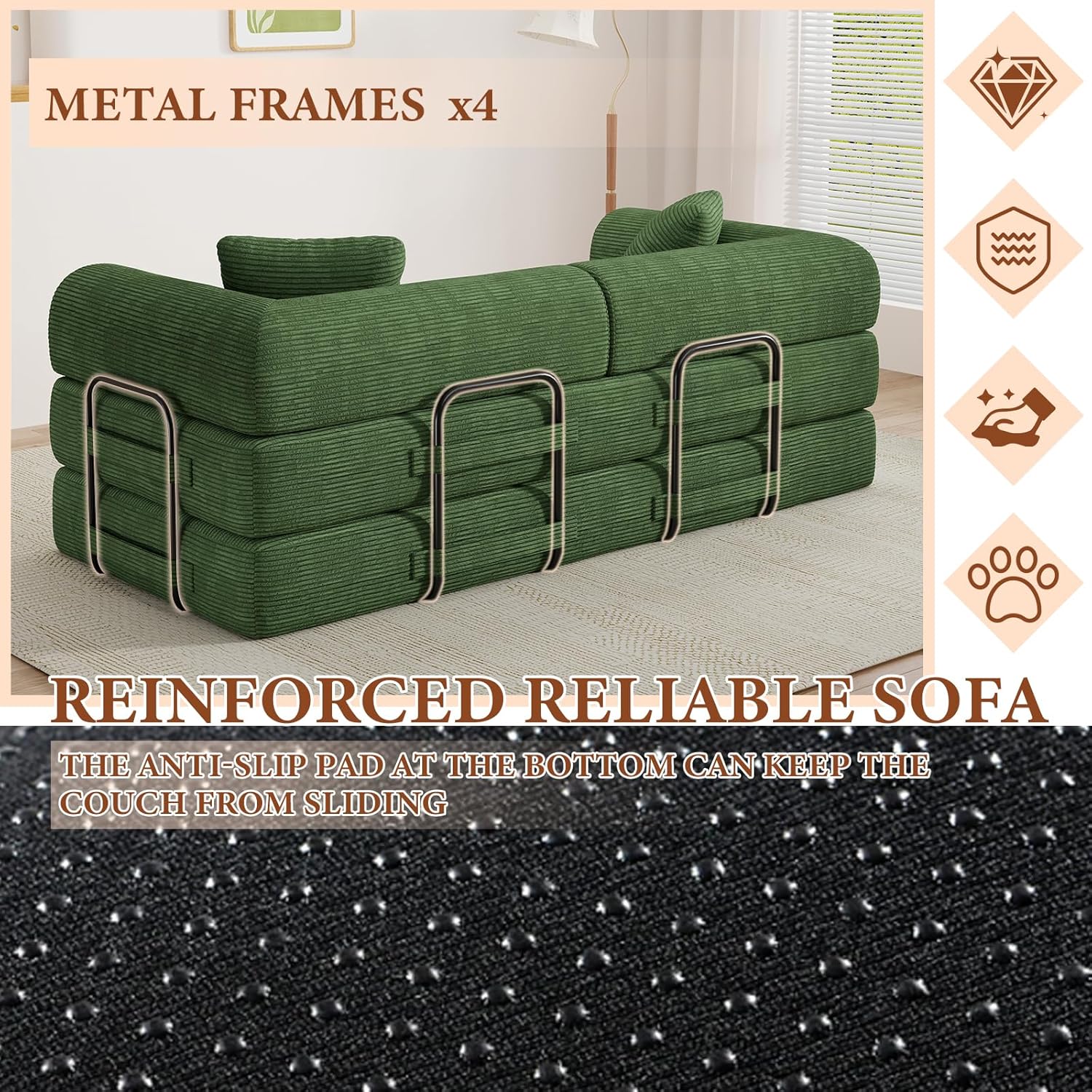 77" Convertible Sofa Bed, Modular Folding Futon Corduroy Floor Foam Compressed Loveseat Sleeper Sofa Couch, Pull Out Queen Size Couch Bed with 2 Pillows for Living Room Guest Room Studio, Dark Green