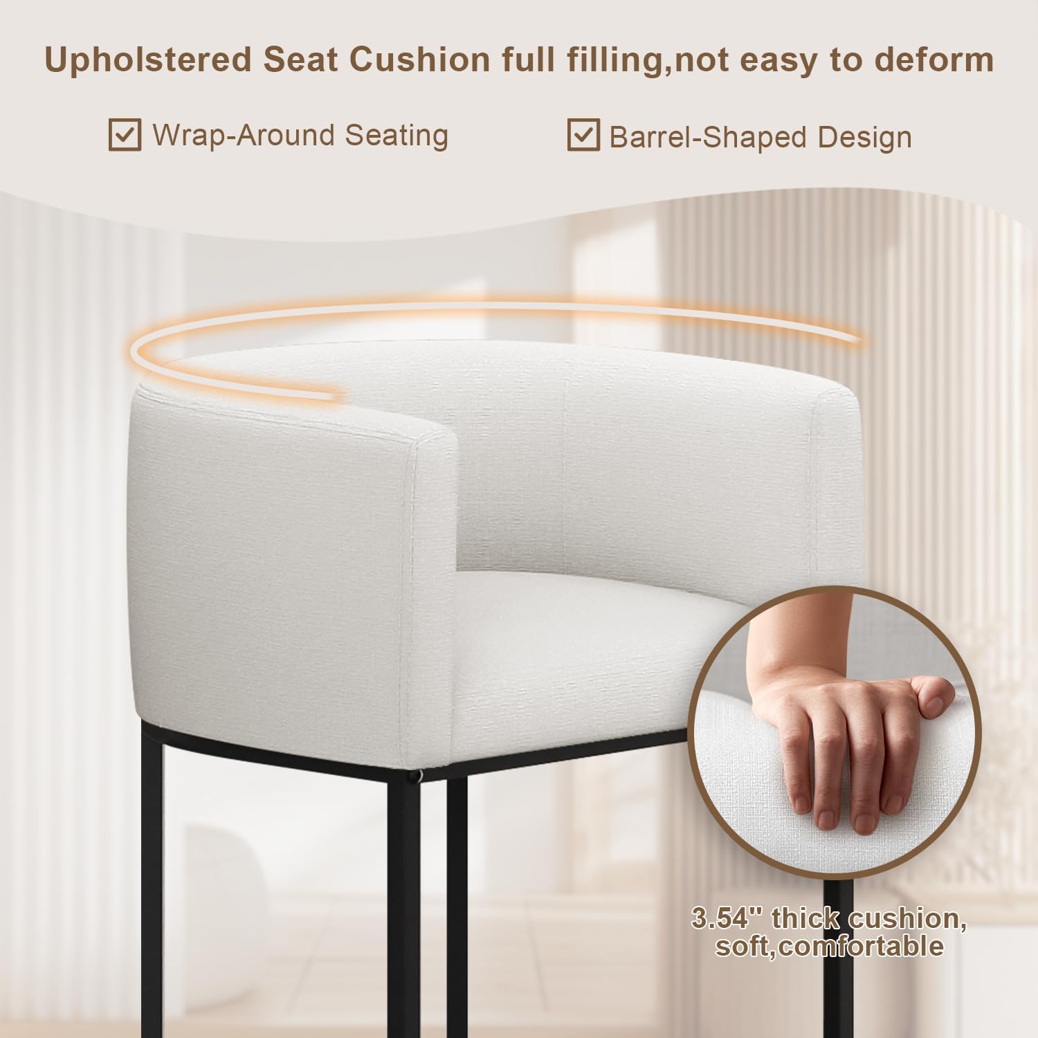 26" H Counter Height Bar Stools Set of 4, Modern Barrel Counter Stools with Backrest and Arms, Linen Fabric Upholstered Accent Barstools for Kitchen Island,Support 450 LBS (White)
