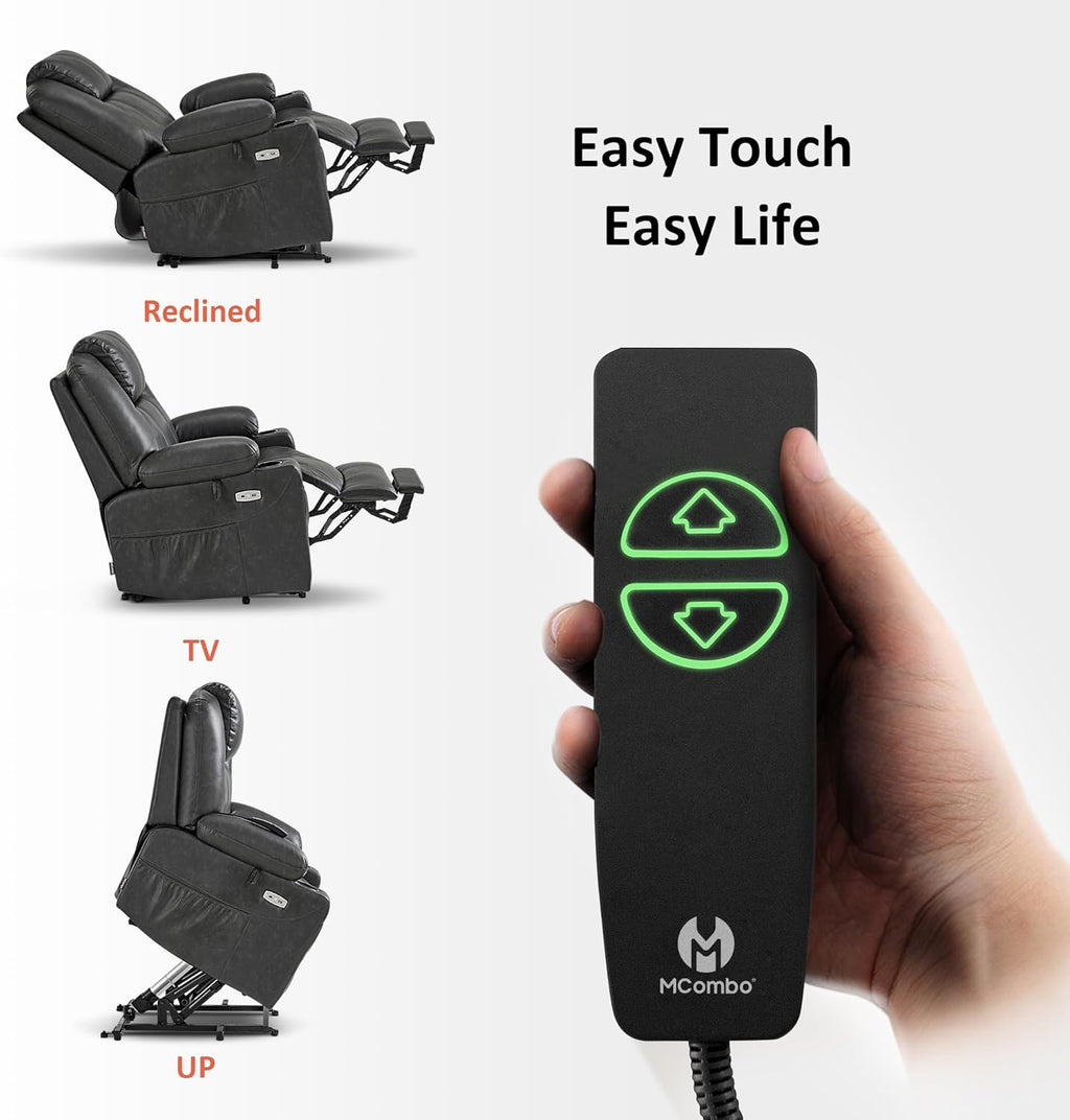MCombo Electric Power Lift Recliner Chair Sofa with Massage and Heat for Elderly, 3 Positions, 2 Side Pockets, and Cup Holders, USB Ports, Faux Leather 7040 (Grey, Medium)