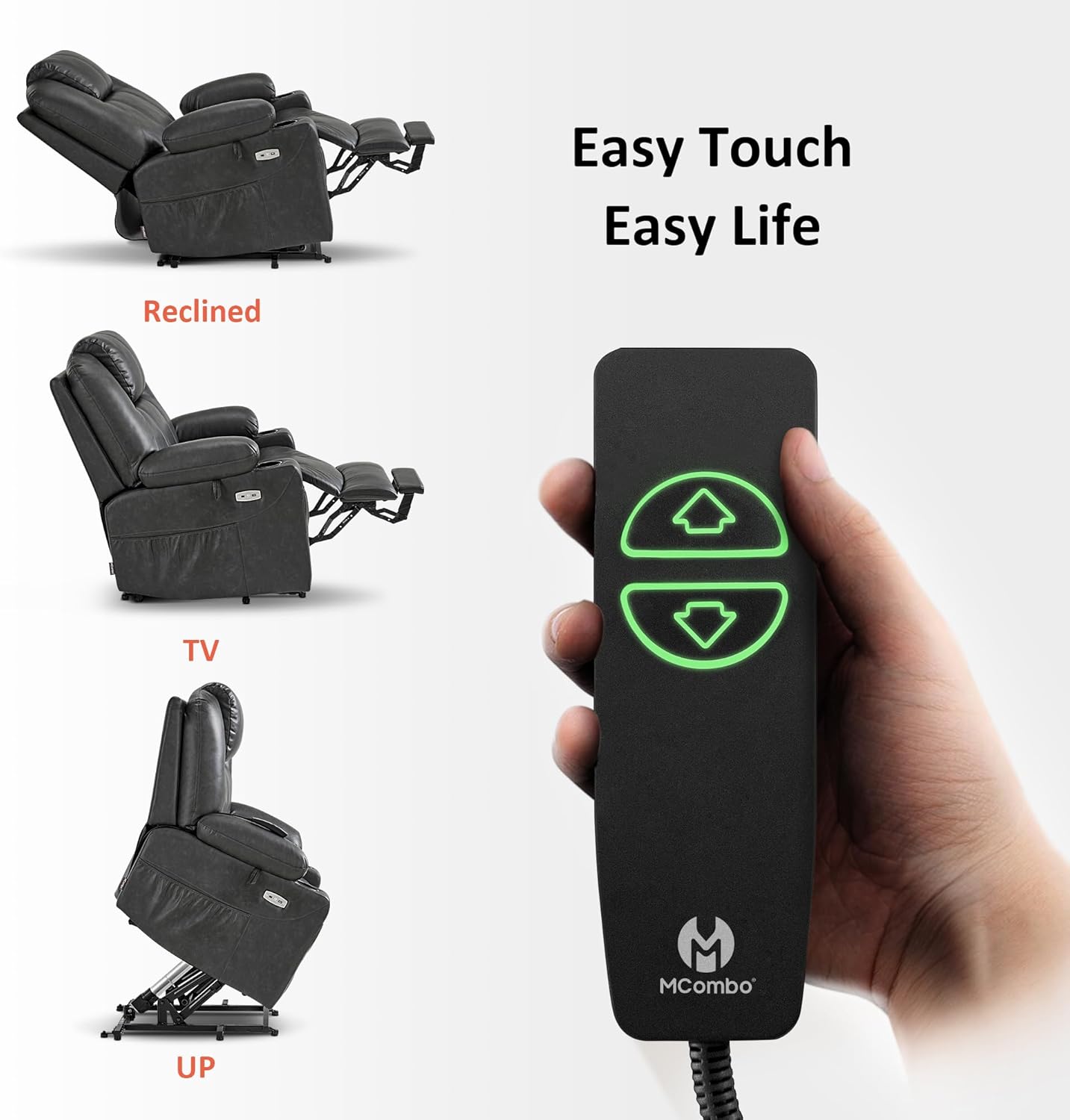 MCombo Electric Power Lift Recliner Chair Sofa with Massage and Heat for Elderly, 3 Positions, 2 Side Pockets, and Cup Holders, USB Ports, Faux Leather 7040 (Grey, Medium)
