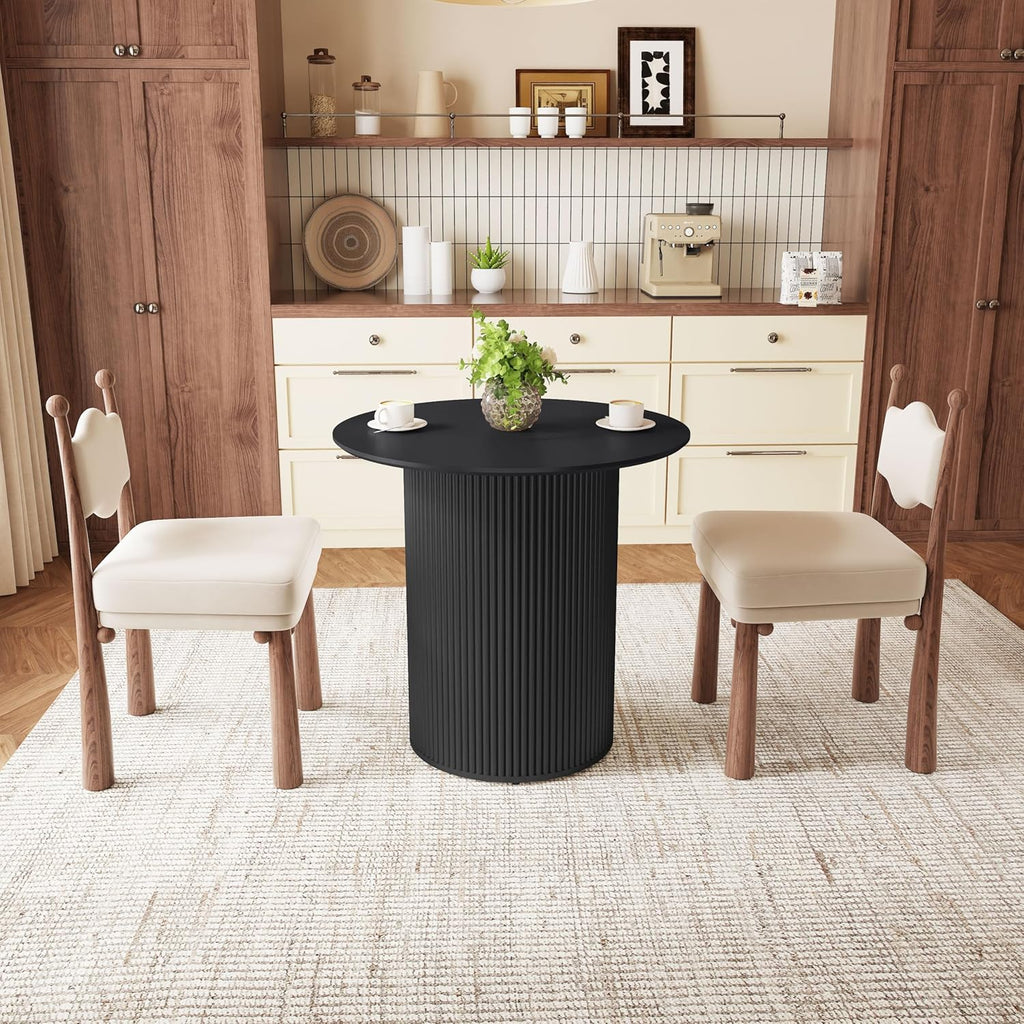 31.5" Black Round Dining Table for 2, Sturdy and Durable Round Wood Dining Table with Fluted Base, Simple Setup Small Kitchen Table for Living Dining Room Office (Black)